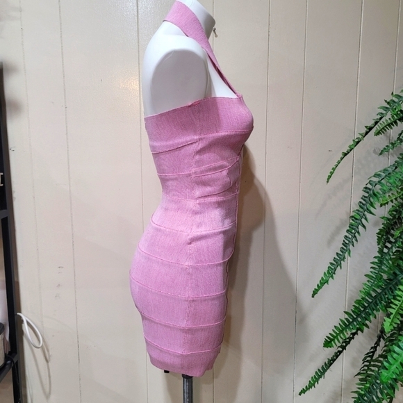 WOW Couture Sparkling Pink Rose Dress Sz S Sexy Halter Bodycon Dress - Picture 2 of 12